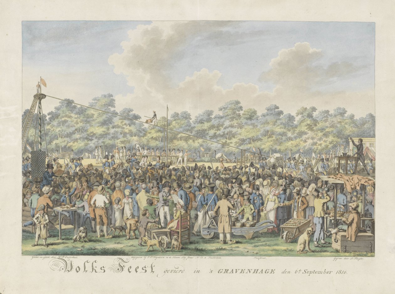 Folkefestival til ære for ankomsten af ​​Willem Frederik George Lodewijk, arveprins af Holland og Anna Pavlovna, storhertuginde af Rusland Populær festival fejret i Haag den 6. september 1816 (titel på objektet) af Dirk Sluyter