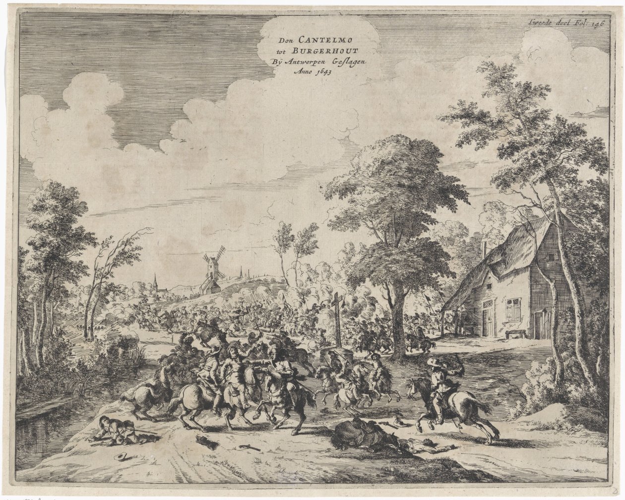 Spanierne under Don Cantelmo besejrede ved Borgerhout, 1643 Don Cantelmo tot Burgerhout Af Antwerp Struck Anno 1643 (titel på objekt) af Dirk Stoop