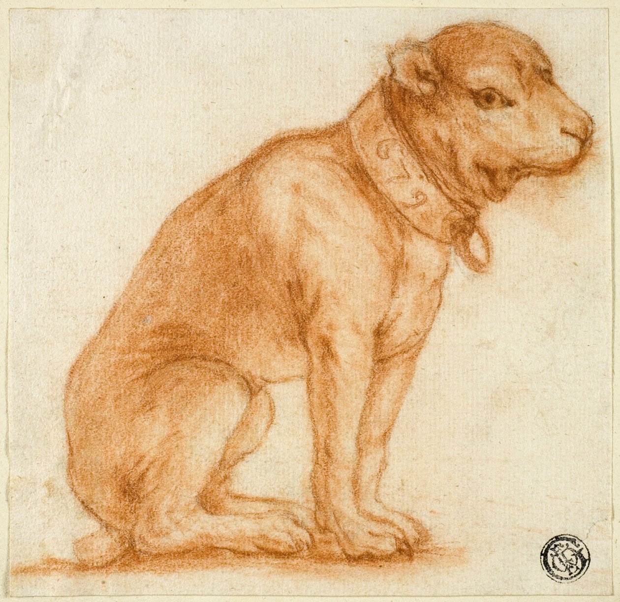 Siddende hund med halsbånd af Dirk Valkenburg