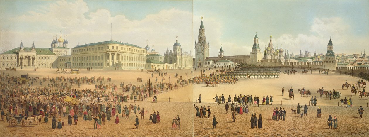 Nikolaievsky-paladset og Sankt Basil-katedralen set fra Kreml, fra et panorama af Moskva, graveret af Philippe Benoist (1813-c.1905) og Aubrun, udgivet af Lemercier, ca. 1840 (se 8876 af Dmitri Indieitzeff