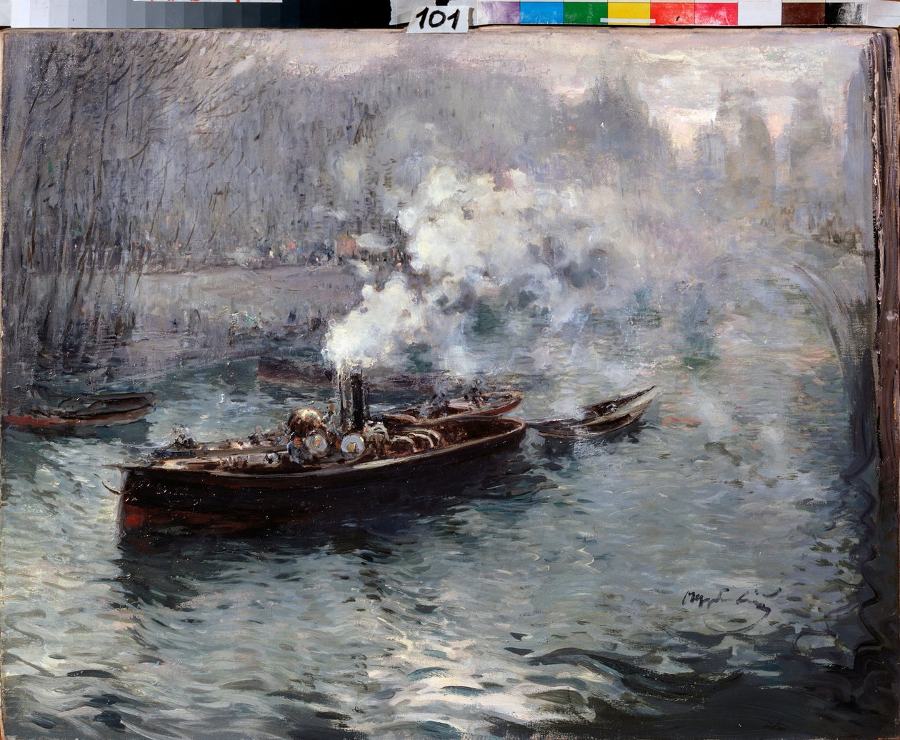 A Steamboat - Maleri af Dmitri Anfimovich Shcherbinovsky (1867-1926), olie på lærred af Dmitri Anfimovich Shcherbinovsky