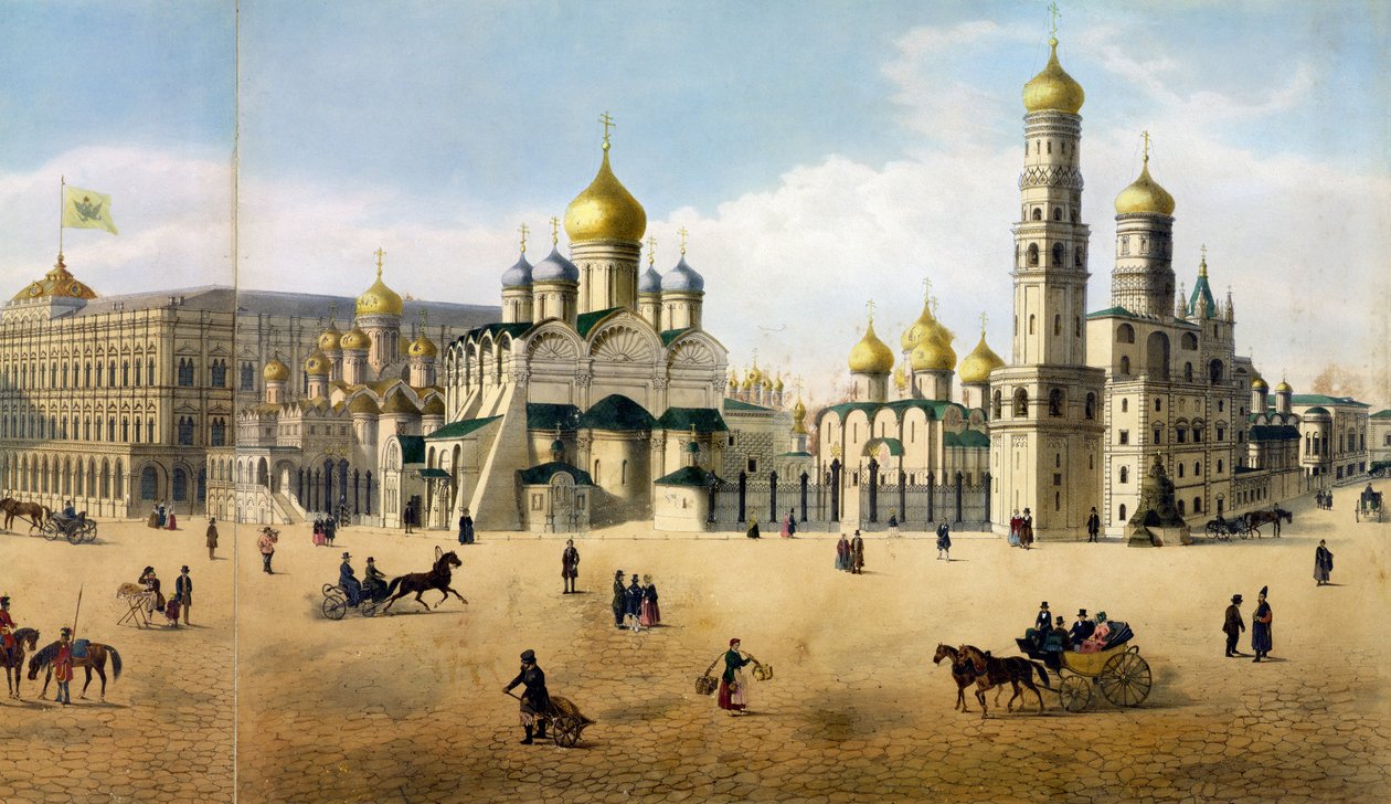 Bebudelsens og Ærkeenglens katedraler, fra et panorama af Moskva, indgraveret af Philippe Benoist 1813-c.1905 og Aubrun, pub. af Lemercier litho detalje af 105099 af Dmitri Indieitzeff