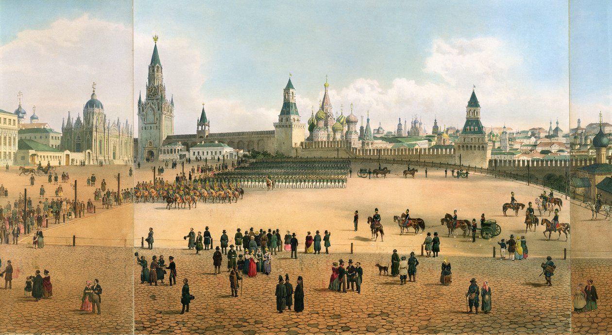 St. Basil-katedralen set fra Kreml, fra et panorama af Moskva, indgraveret af Philippe Benoist 1813-c.1905 og Aubrun, pub. af Lemercier, c.1840 litho detalje af 105095 af Dmitri Indieitzeff