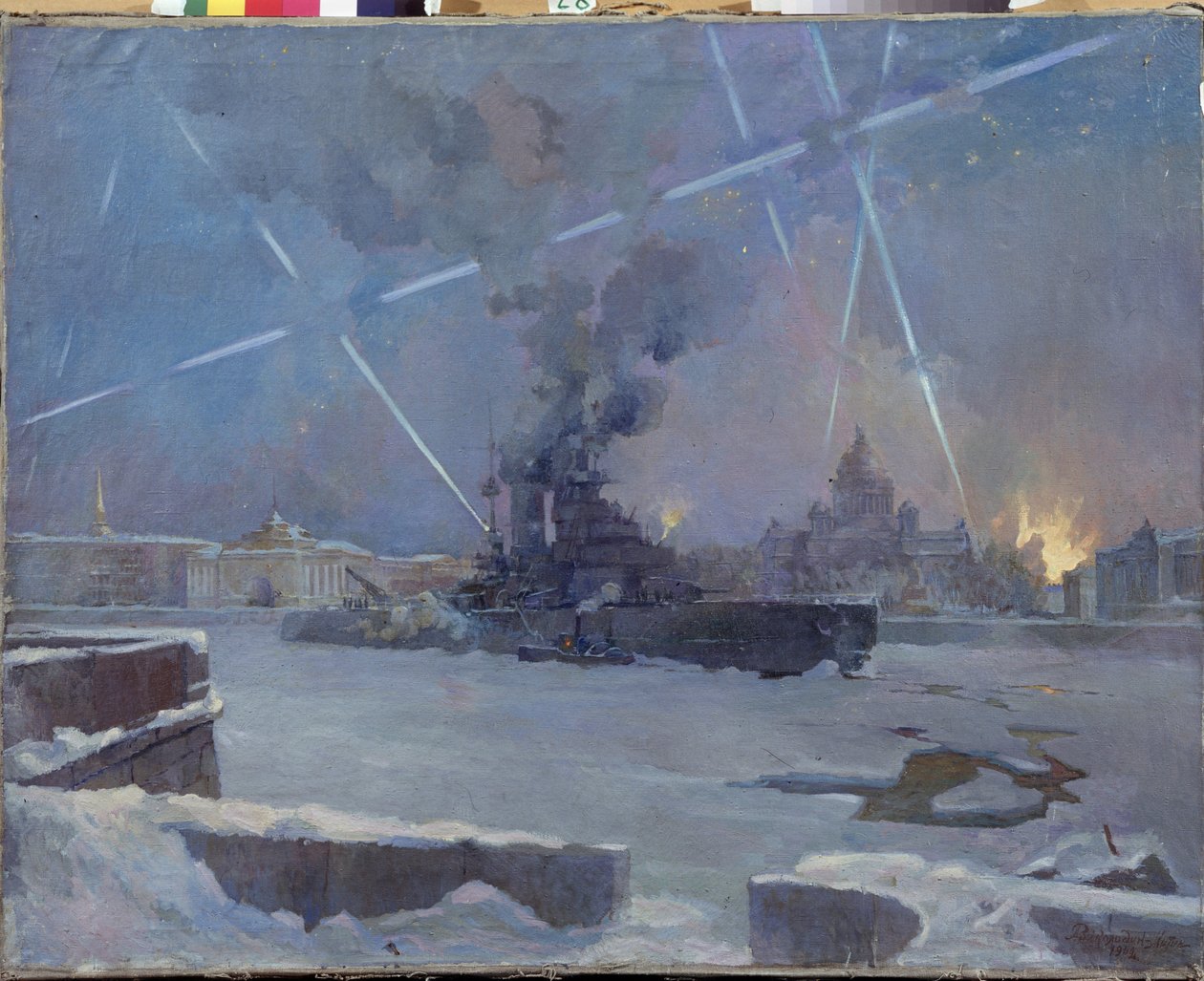 Tungt artilleri på Neva i Leningrad (Sankt Petersborg, Rusland) i 1942. (En kuras på den frosne flod forsvarer den brændende by mod luftangreb, under belejringen af ​​Leningrad). Afsnit af Anden Verdenskrig (1939-1945). Maler af Dmitri Nikiforovich Martynov