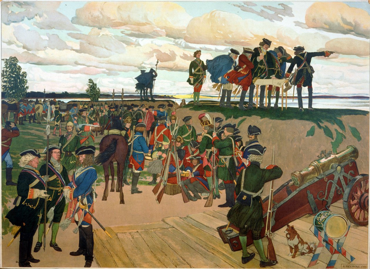 Grundlæggelse af Sankt Petersborgs fæstning af Peter I den Store (1672-1725) i det 18. århundrede. (Grundlæggelsen af ​​fæstningen St. Petersborg). Værk af Dmitri Nikolayevich Kardovsky (Kardovski) (1866-1943), litografi af Dmitri Nikolayevich Kardovsky