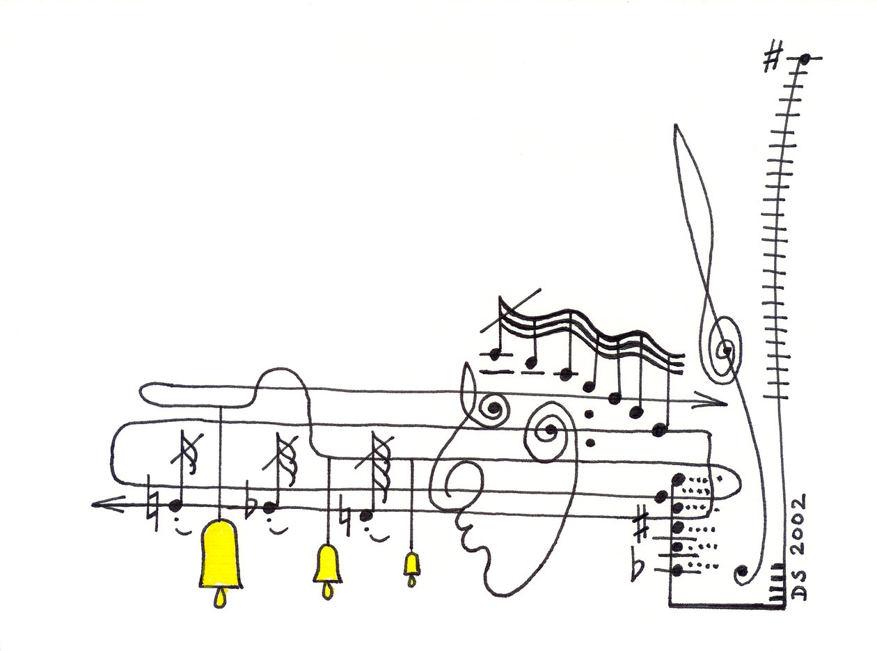 Elegy - tegning af et musikalsk partitur, hvor noderne danner et ansigt, og klokkerne hænger ned fra noderne af Dmitri Smirnov