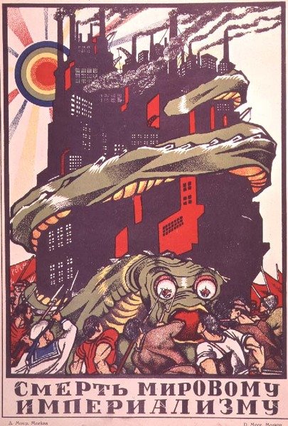 Plakat, der forestiller et monster viklet rundt om en by, fra 