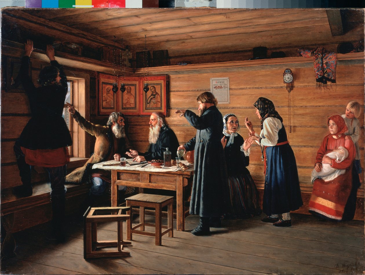Religious Controversy - Maleri af Dmitri Yegorovich Zhukov (1841-1903), olie på lærred af Dmitri Yegorovich Zhukov