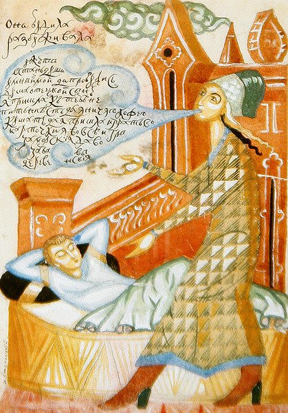 Maleri fra et sæt på fire illustrationer til et digt om frieri (akvarel på papir) (se også 423487 & 89) af Dmitry Stelletsky