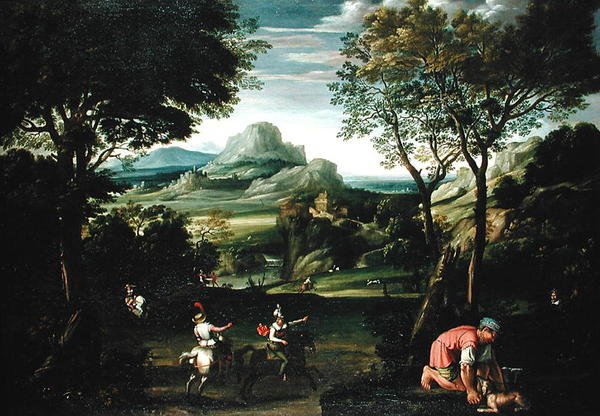 Landskab med både, eller Landskab med jagtscene (olie på lærred) af Domenichino