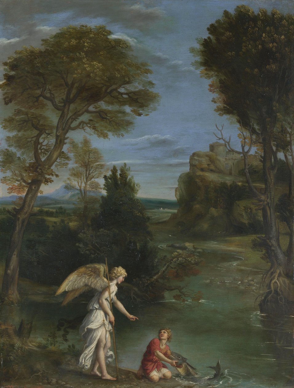 Landskab med Tobias, der griber fisken, ca. 1615 (olie på kobber) af Domenichino