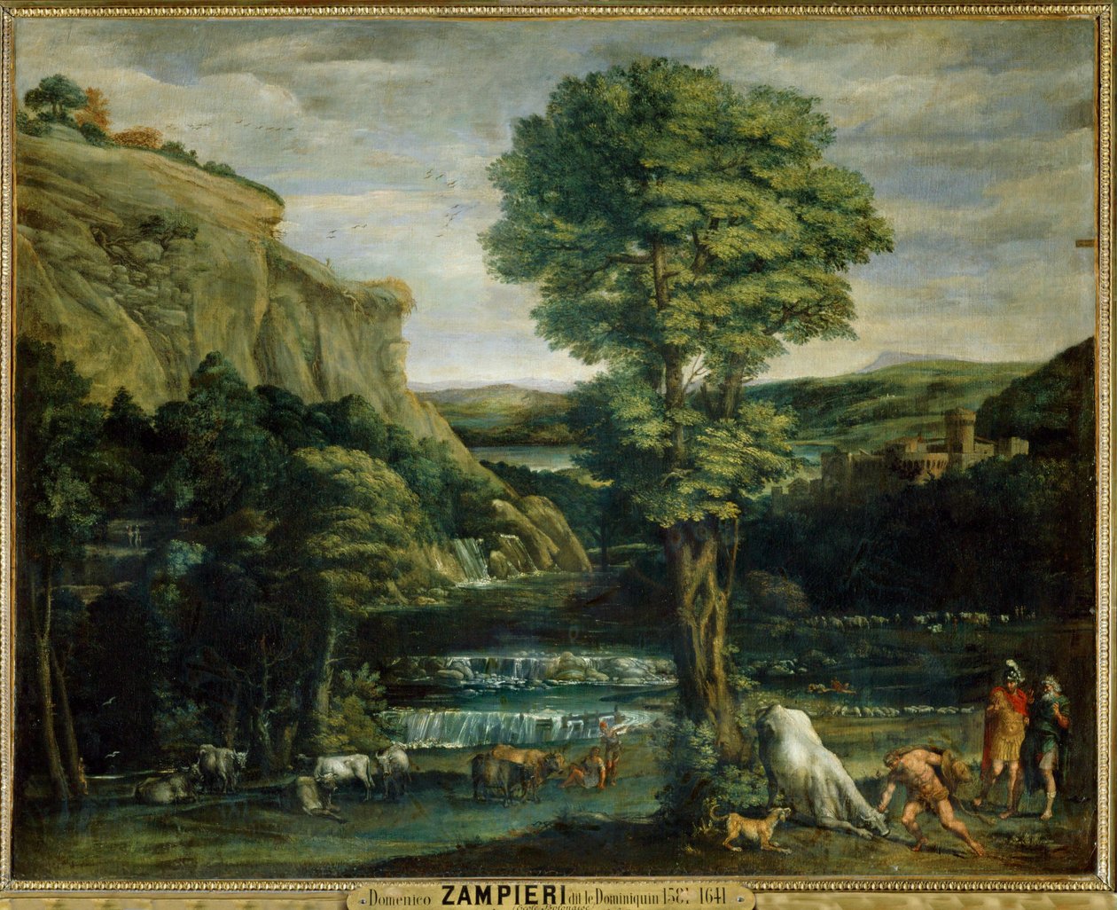 Paysage avec Hercule combattant Achelaos change en toreau - Landskab med Herkules, der kæmper mod Achelaos, der er forvandlet til en tyr ... af Domenichino (1581 1641)