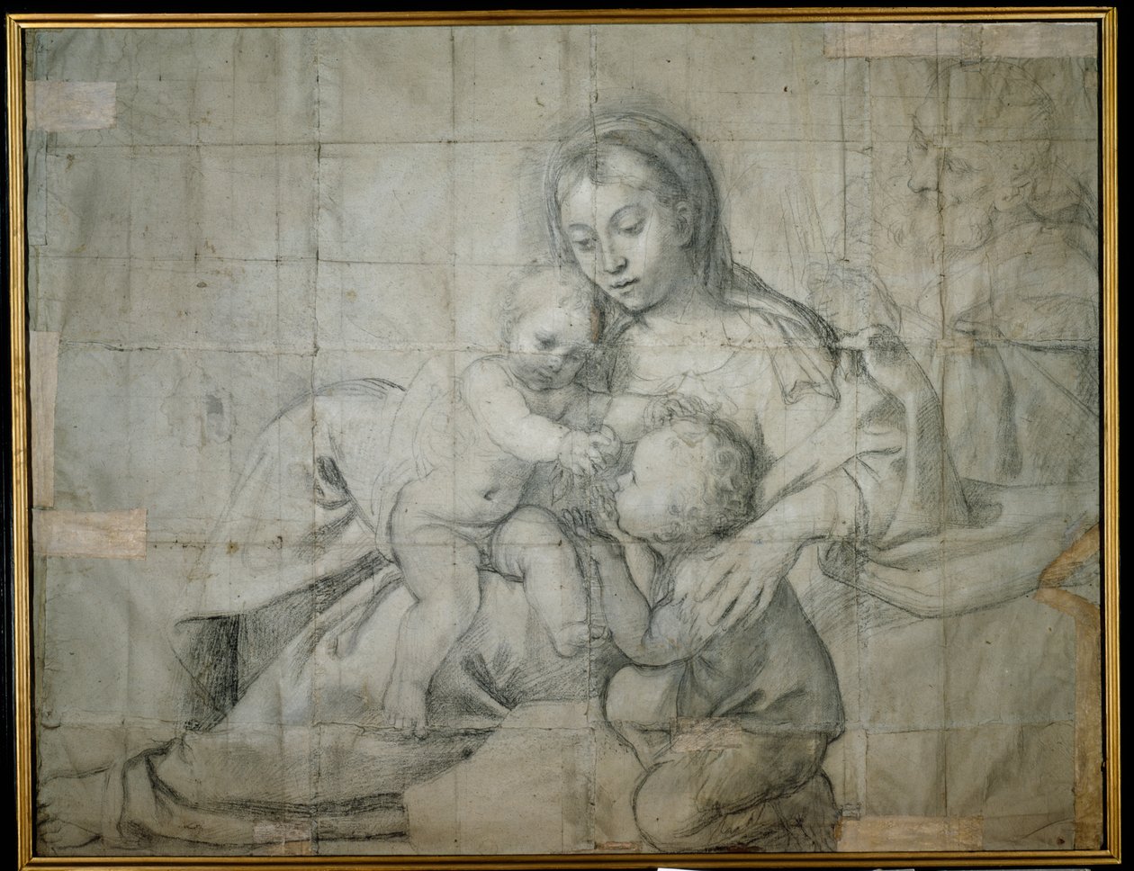 Hellig familie i hvile med spædbarnet St. Johannes Døberen (sort kridt på papir) af Domenichino