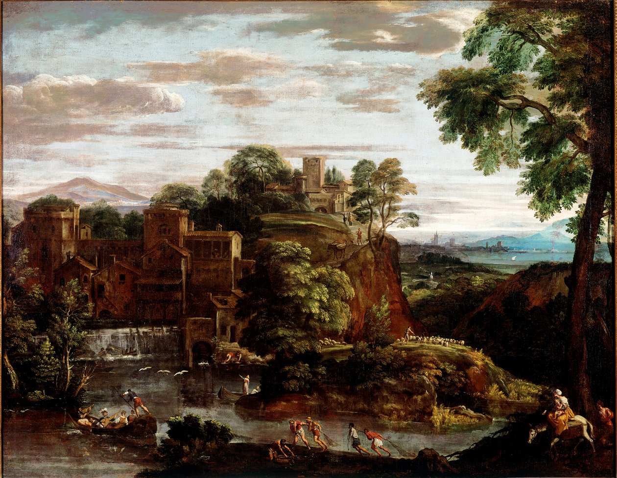 Landskab med flugt i Egypten Maleri af Domenico Zampieri dit Il Domenichino (1581-1641) 1620 ca. Sol. 165x202 cm Paris, Musee du Louvre - Landskab med flugt til Egypten, af Domenico Zampieri a.k.a. Il Domenichino (1581-1641). Olie på lærred af Domenichino