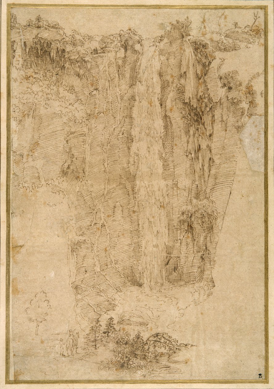 Landskab med en kaskade; Ved foden, to mænd, en monteret (pen & brun blæk på papir) af Domenichino