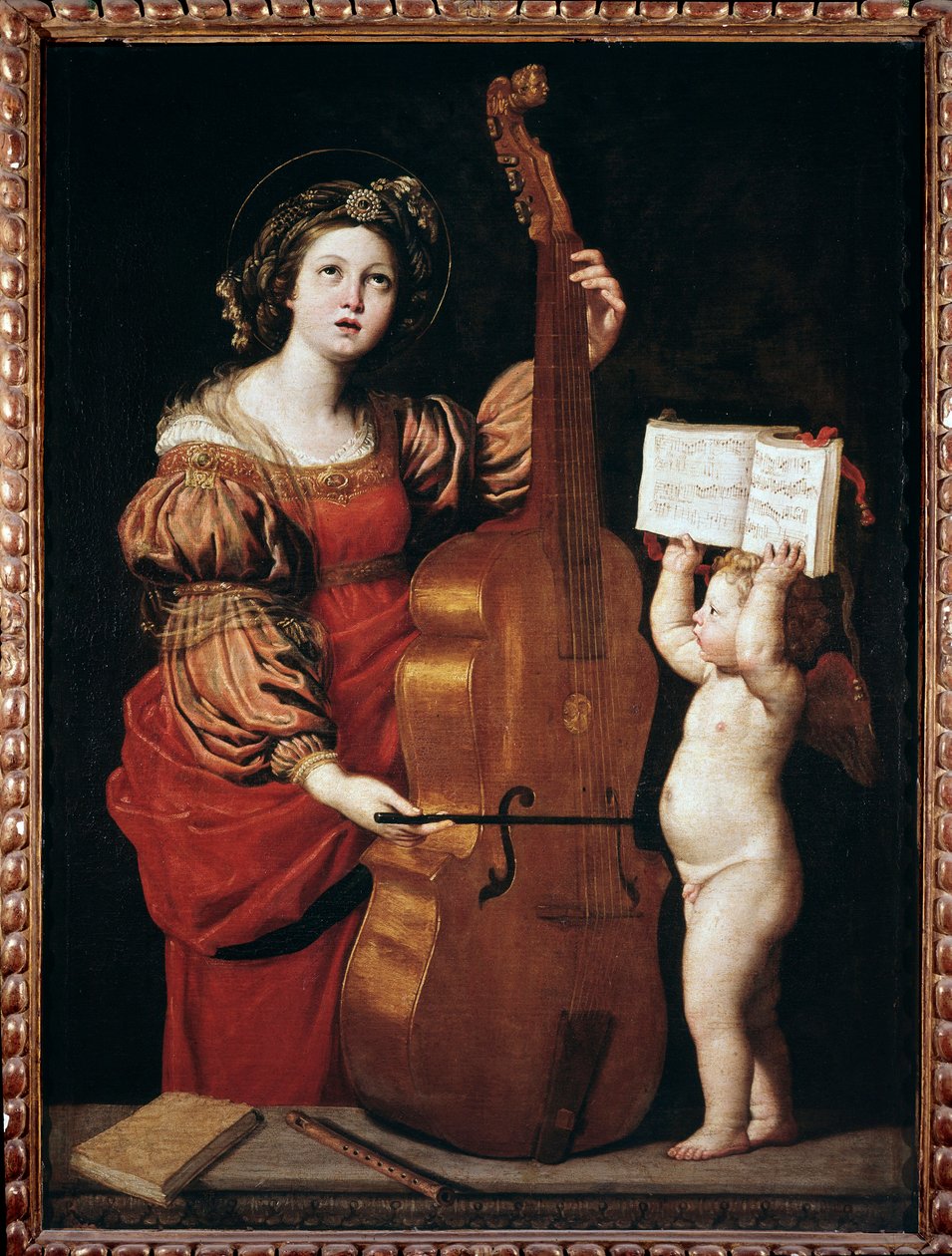 Sankt Cecilia med en engel, der holder et partitur (olie på lærred af Domenichino