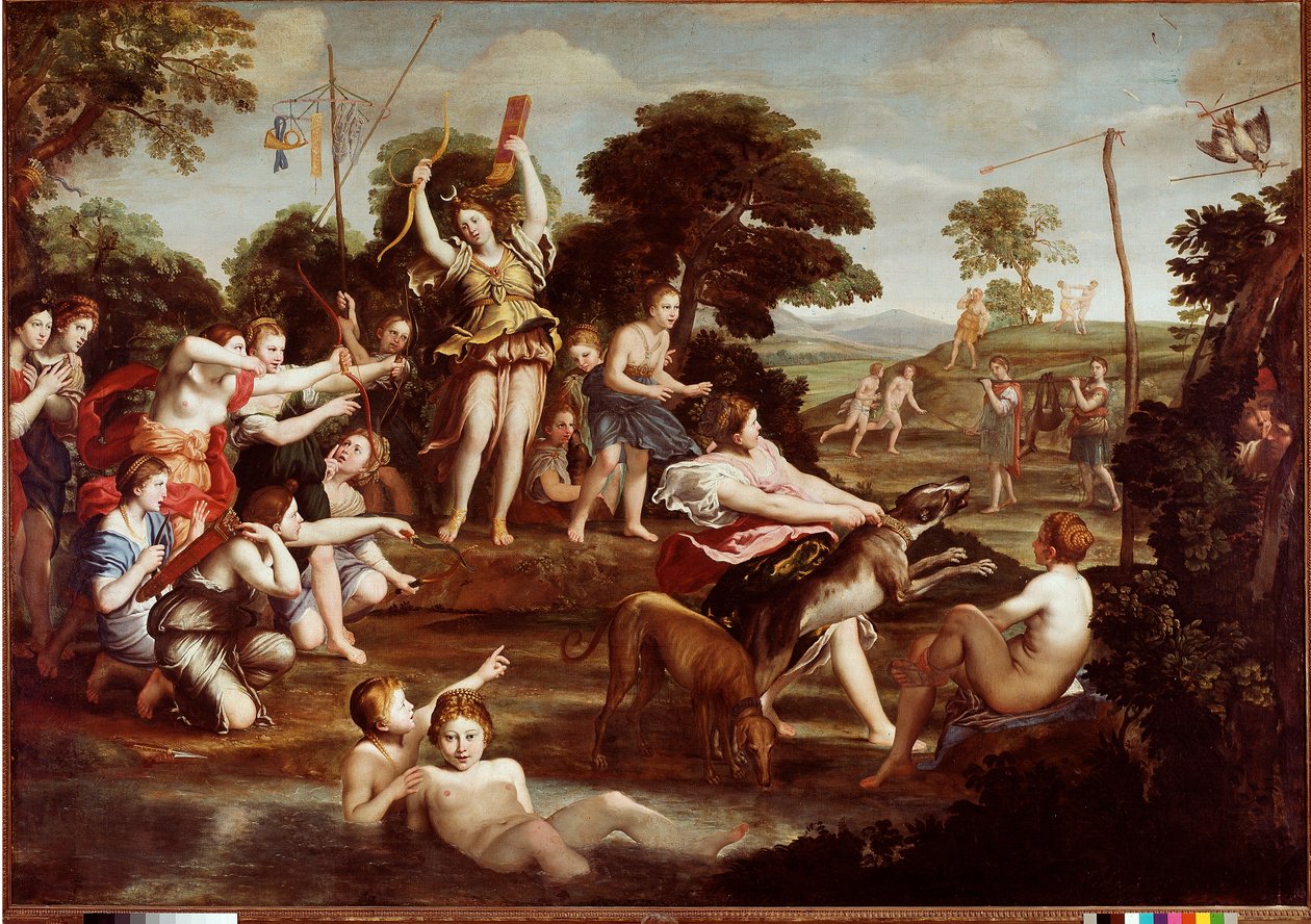 Jagten på Diana Maleri af Domenico Zampieri dit Il Domenichino (1581-1641) 1617 Dim.218x312 cm Rom Galleria Borghese - Jagten på Diana, af Domenico Zampieri a.k.a Il Domenichino (1581-1641). Olie på lærred, 218x312 cm af Domenichino