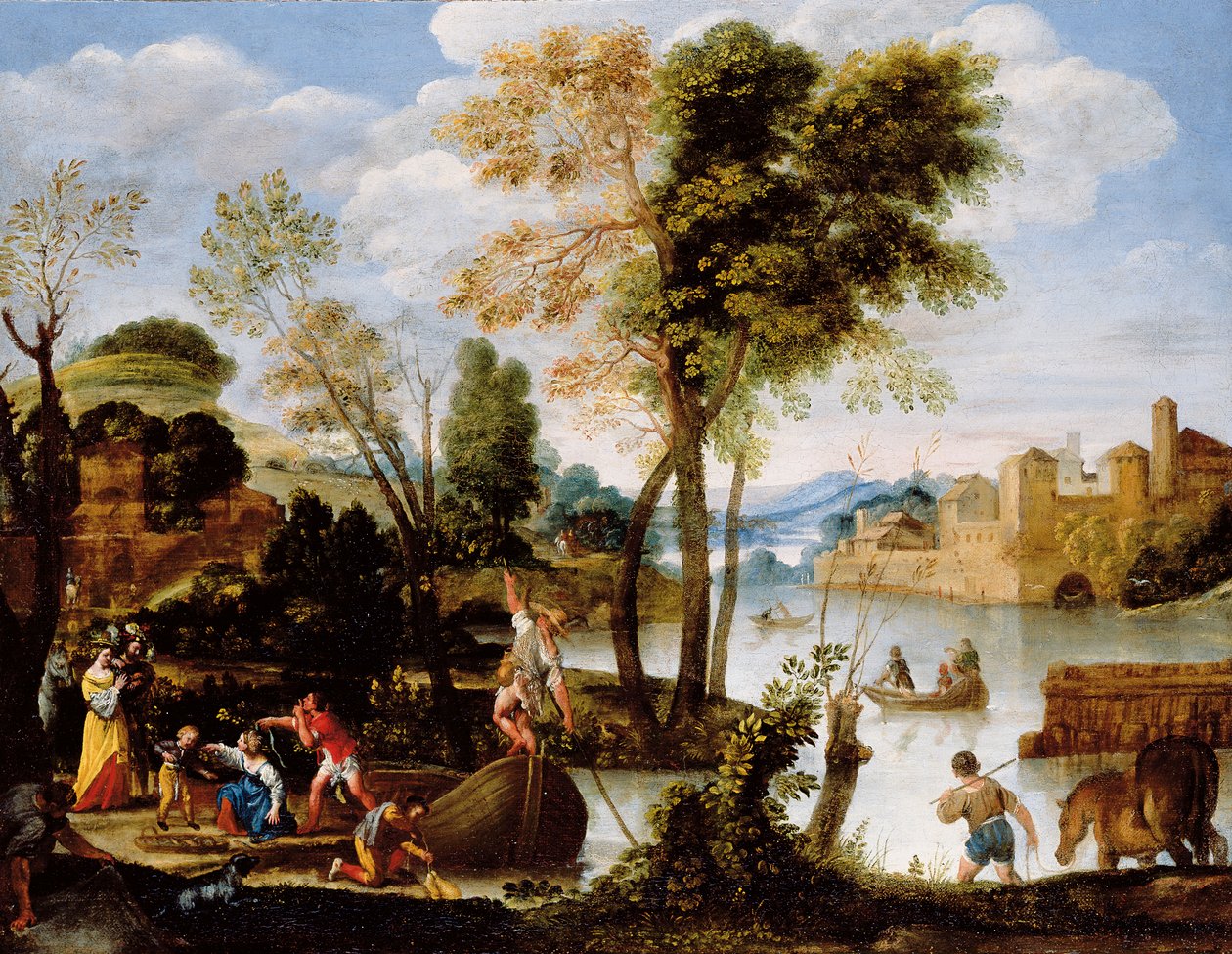 Italiensk flodlandskab med stangbådsmand og kvinde med en kurv med krabber, ca. 1604-05 af Domenichino