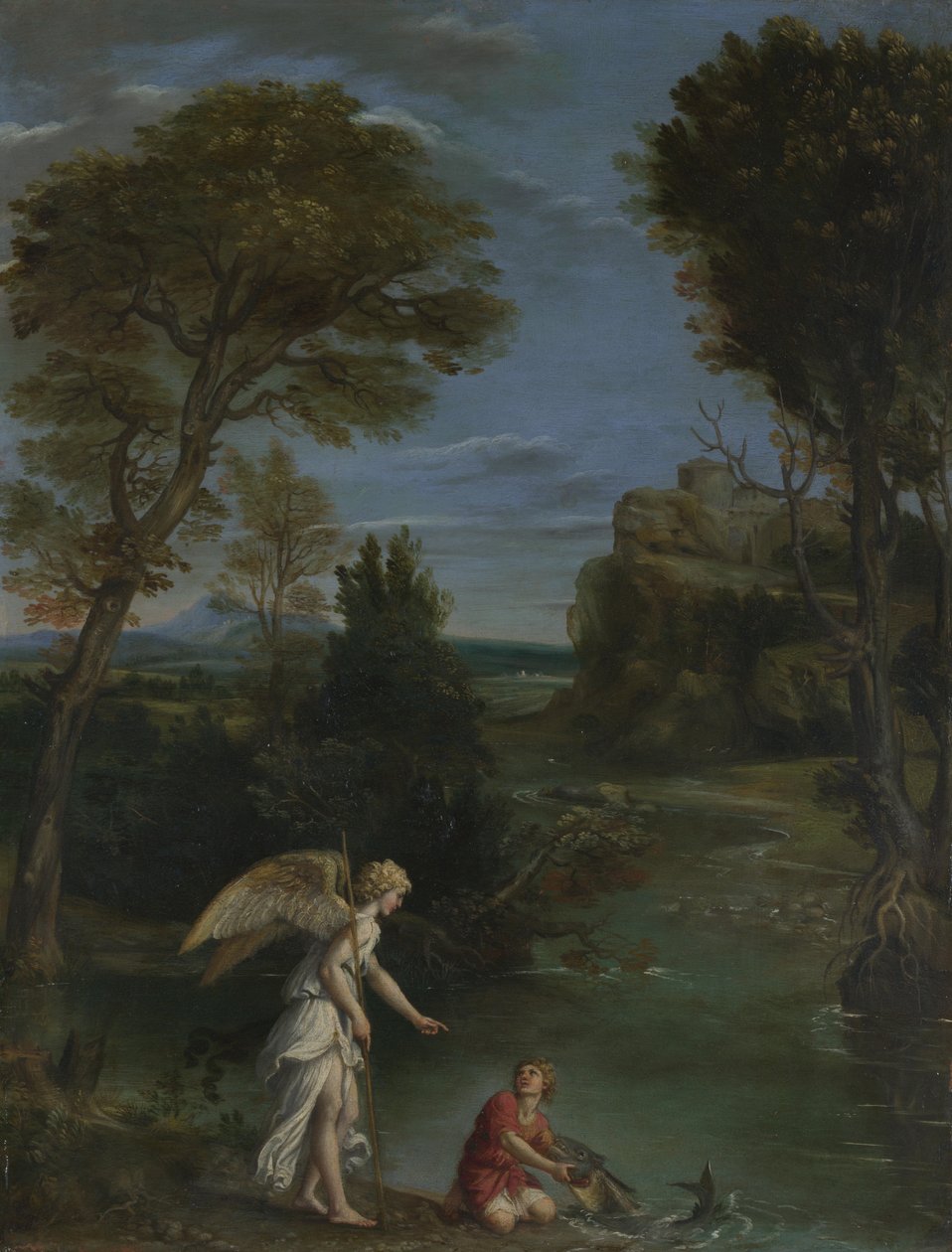 Landskab med Tobias, der griber Fisken, ca. 1612 af Domenichino
