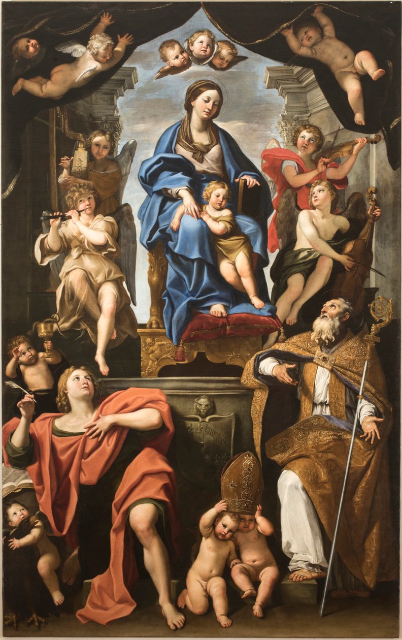 Jomfru og barn med de hellige Petronius og Johannes evangelisten, 1625-1629. af Domenichino