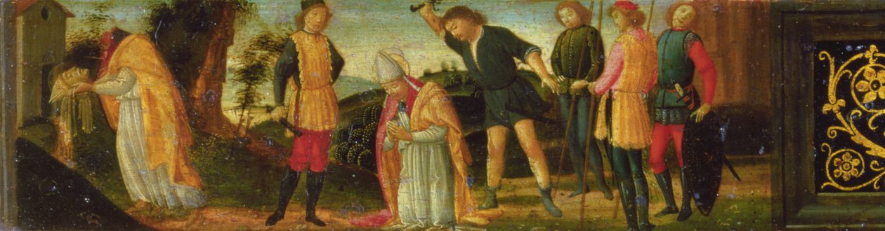 The Martyrium of St. Denis (Dionysius) of Paris, sektion af predella-panelet, der skildrer scener fra helgenernes liv fra altertavlen til Madonnaen og barnet tronet med hellige (panel) af Domenico Ghirlandaio
