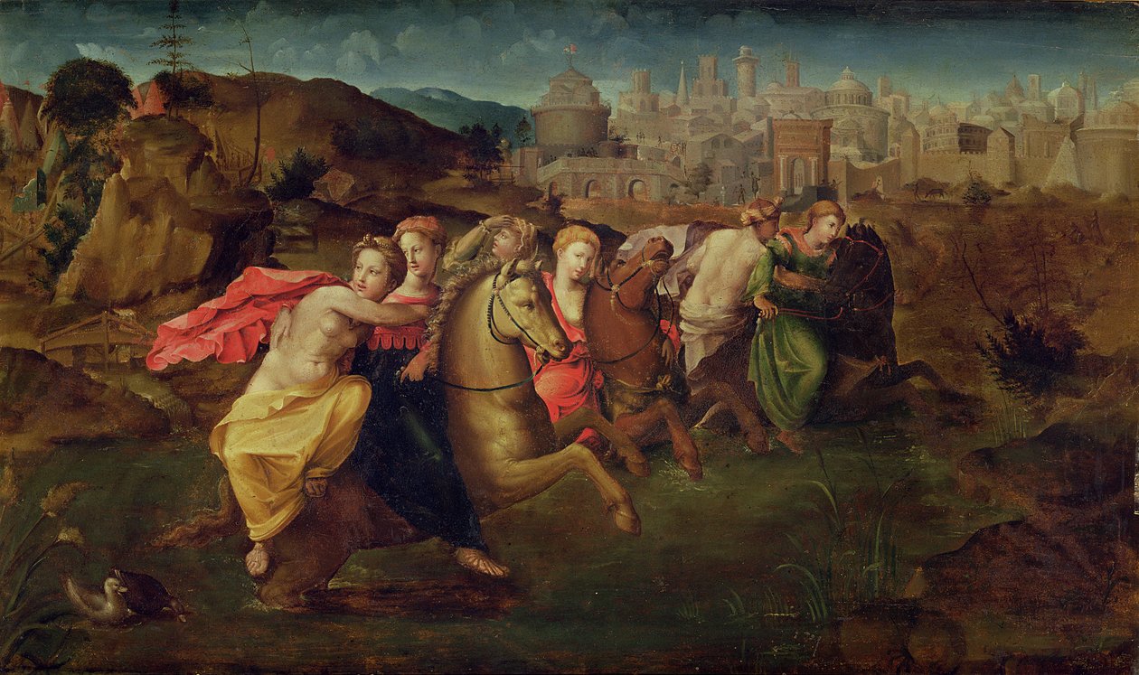 Cloelia og jomfruerne på flugt fra Porsenna-feltet, ca.1530-35 af Domenico di Pace Beccafumi  