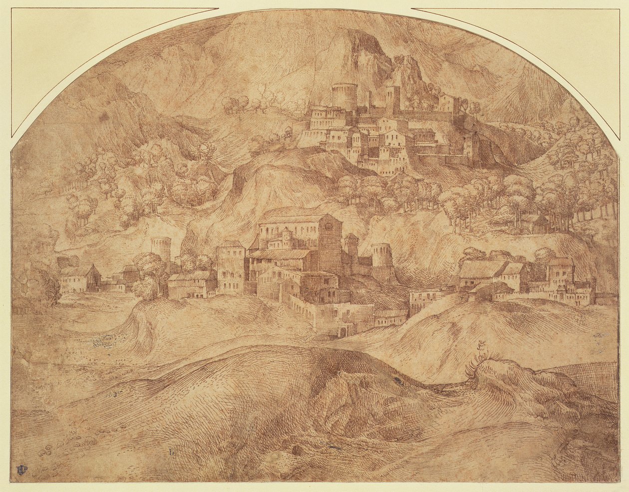 Bjerglandskab (pen og blæk) af Domenico Campagnola