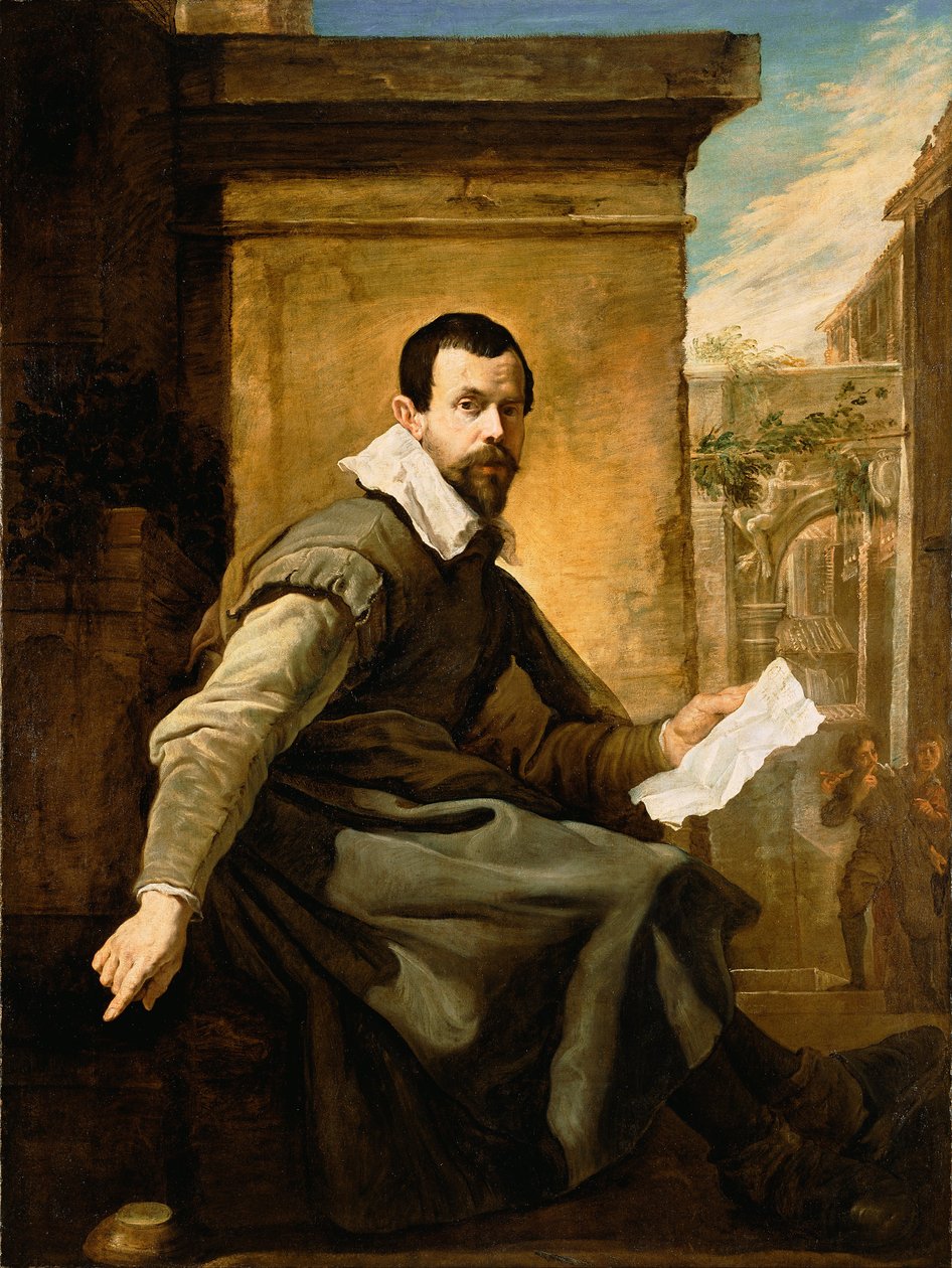 Portræt af en mand med et noteark af Domenico Fetti or Feti
