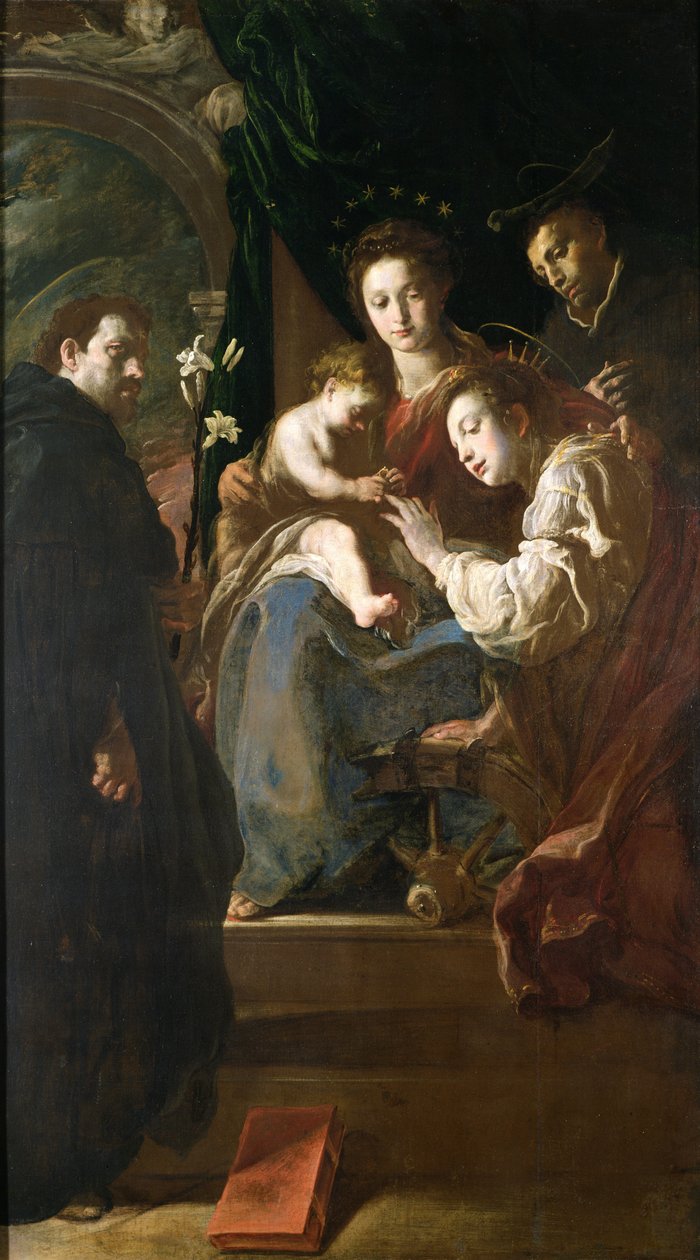 Mystisk ægteskab mellem St. Catherine og Kristusbarnet med Peter Martyren, 1617-21 af Domenico Fetti or Feti