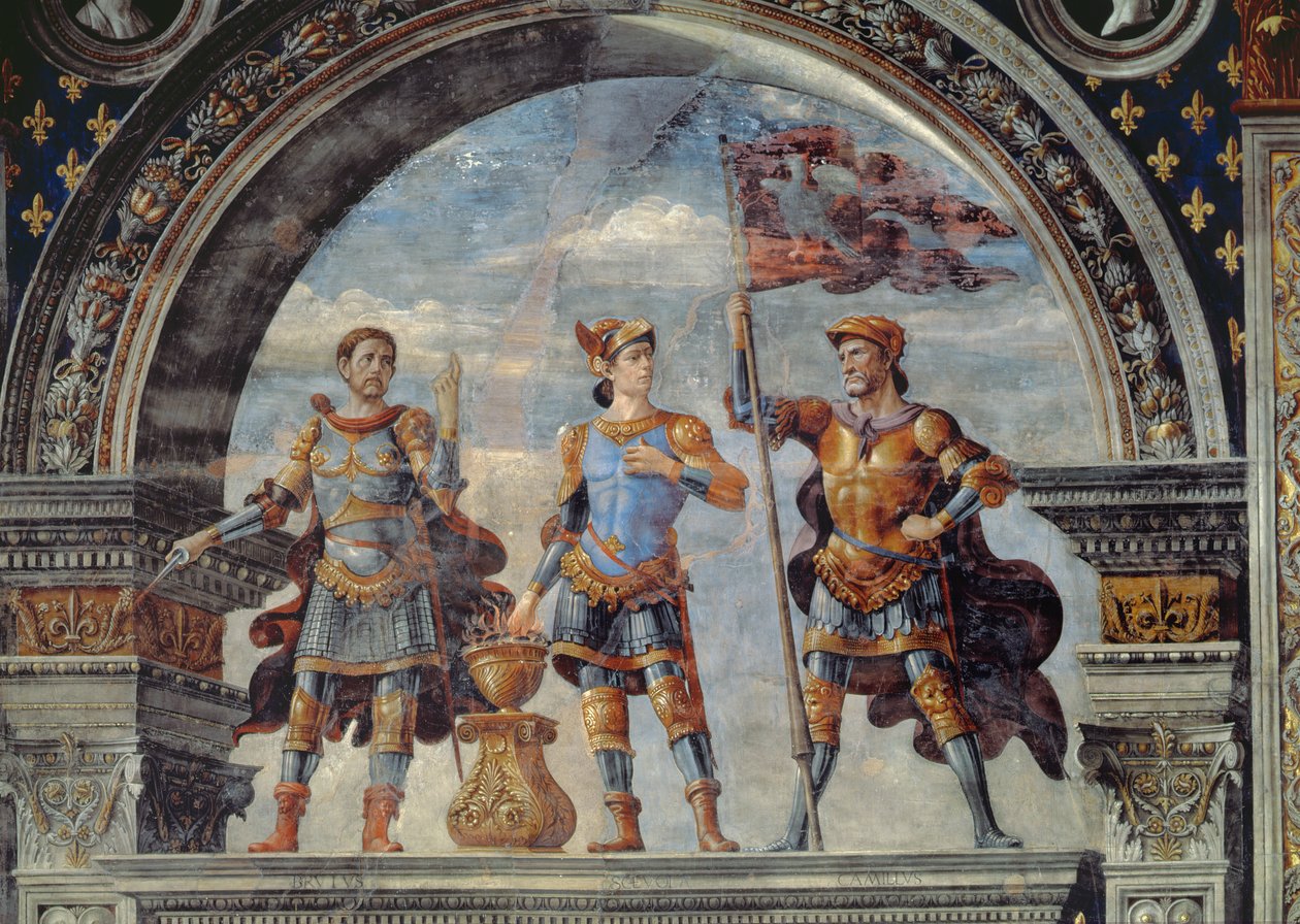 Brutus, Mucius Scaevola og Furio Camillo, detalje fra fresken i Sala dei Gigli, ca. 1470 af Domenico Ghirlandaio