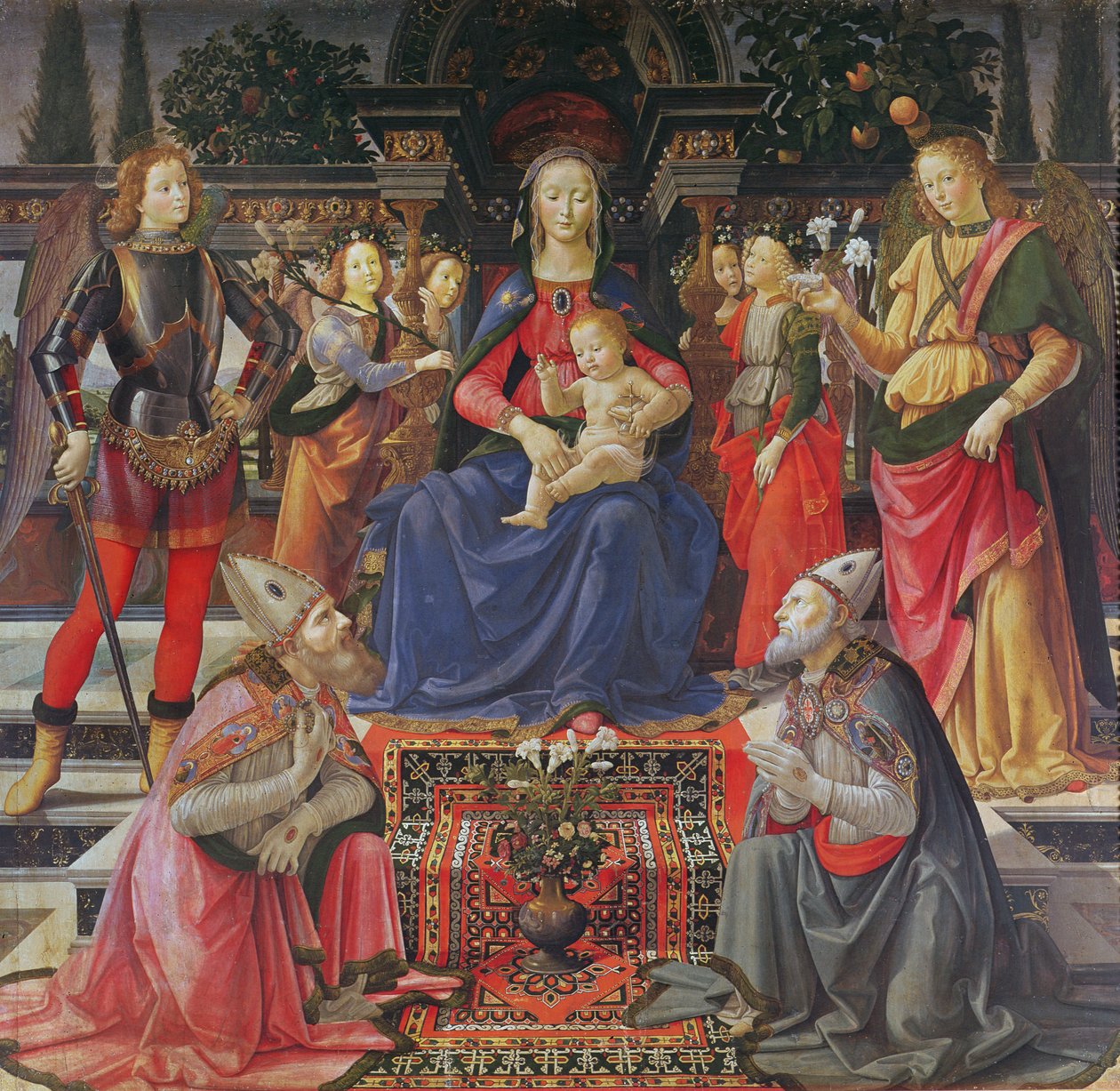 Madonna og barn med SS. Justus, Zenobius og ærkeenglene Michael og Raphael, ca. 1484 (tempera på panel) af Domenico Ghirlandaio