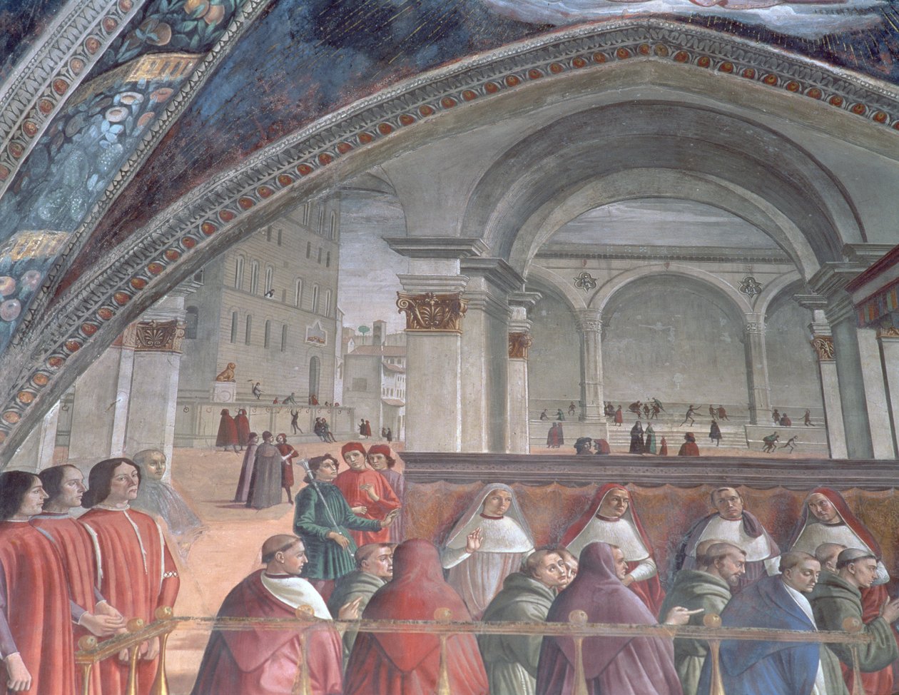 Loggiaen og Palazzo della Signoria, Sassetti-kapellet, 1483 (detalje) af Domenico Ghirlandaio