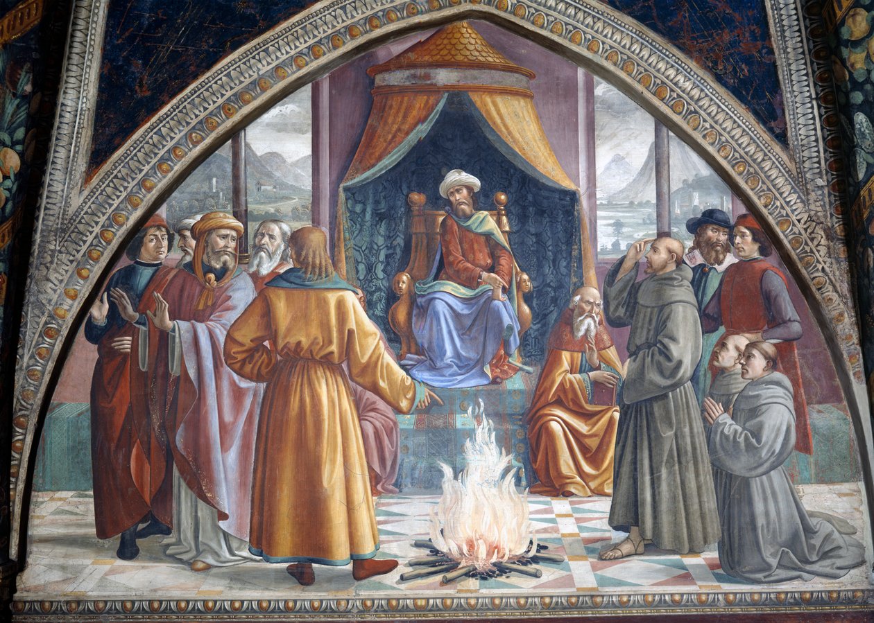 Retssagen ved ild, St. Frans før sultanen af Egypten, scene fra en cyklus af St. Frans af Assisis liv, 1486 af Domenico Ghirlandaio