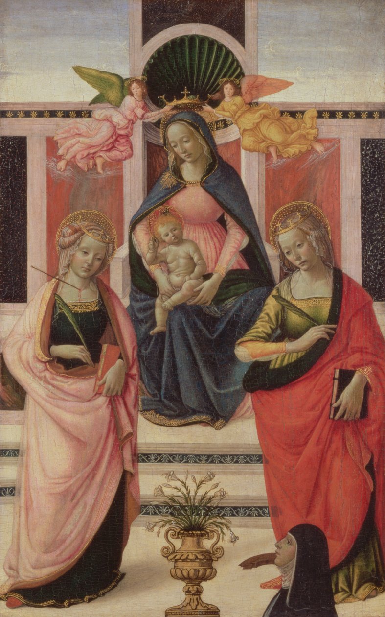 Jomfru og barn med den hellige Ursula og den hellige Katarina, 1480-1500 (tempera med olieglasurer på panel) af Domenico Ghirlandaio