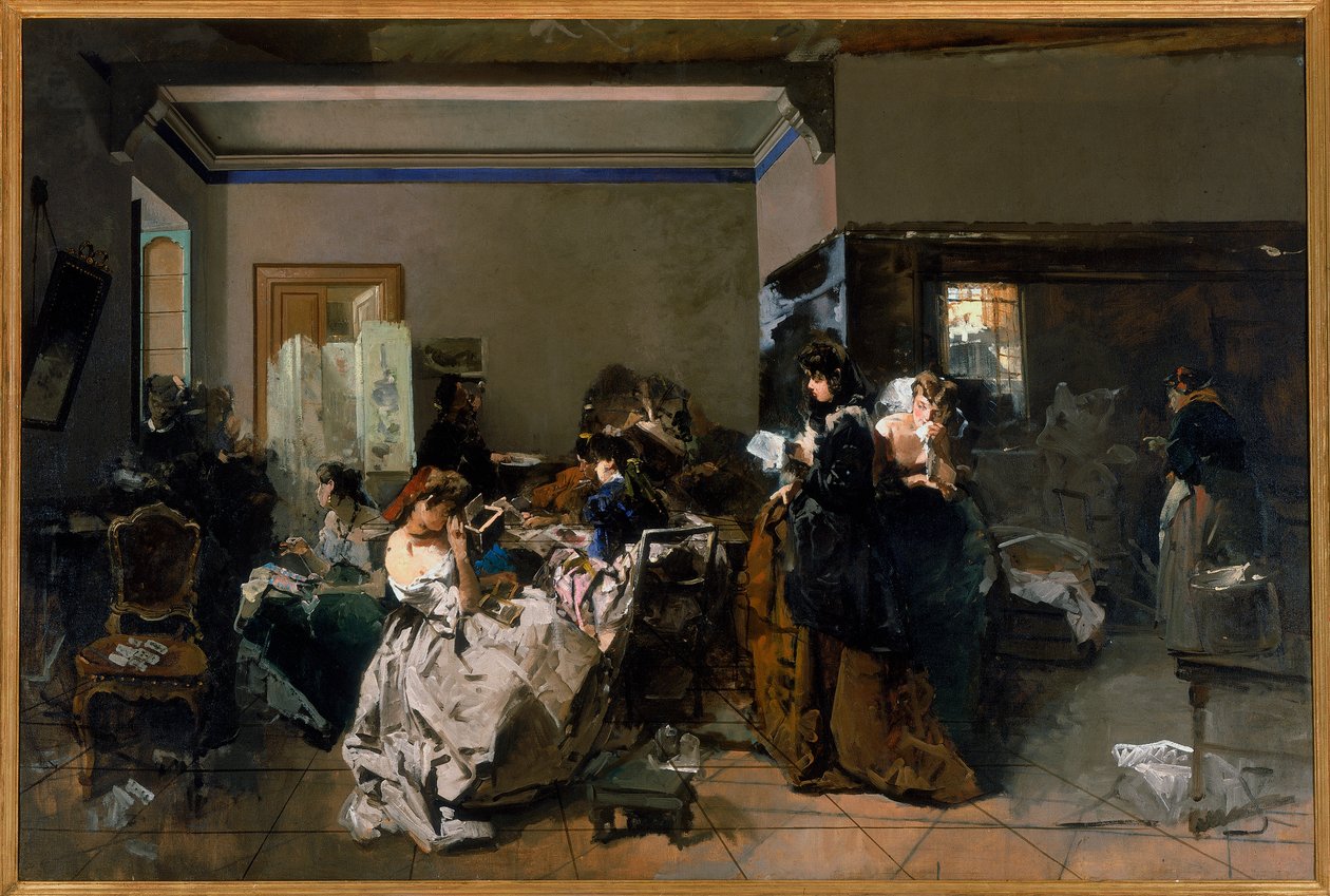Maleri af et værksted, hvor nogle unge dressmakere arbejder, 1858-60 af Domenico Induno