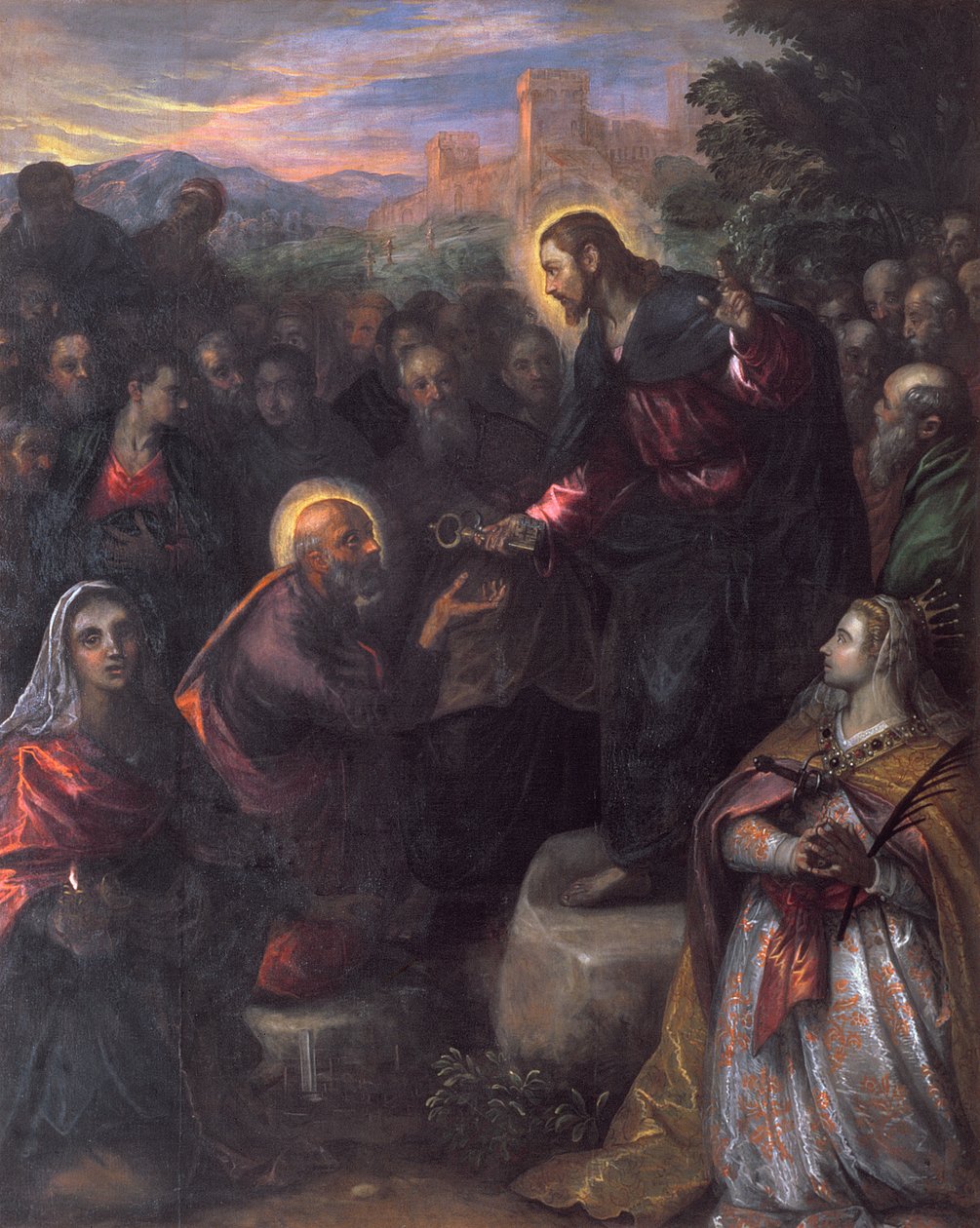 Kristus overdrager nøglerne til Peter med den hellige Jacinta og den hellige Justina af Padova af Domenico Robusti Tintoretto