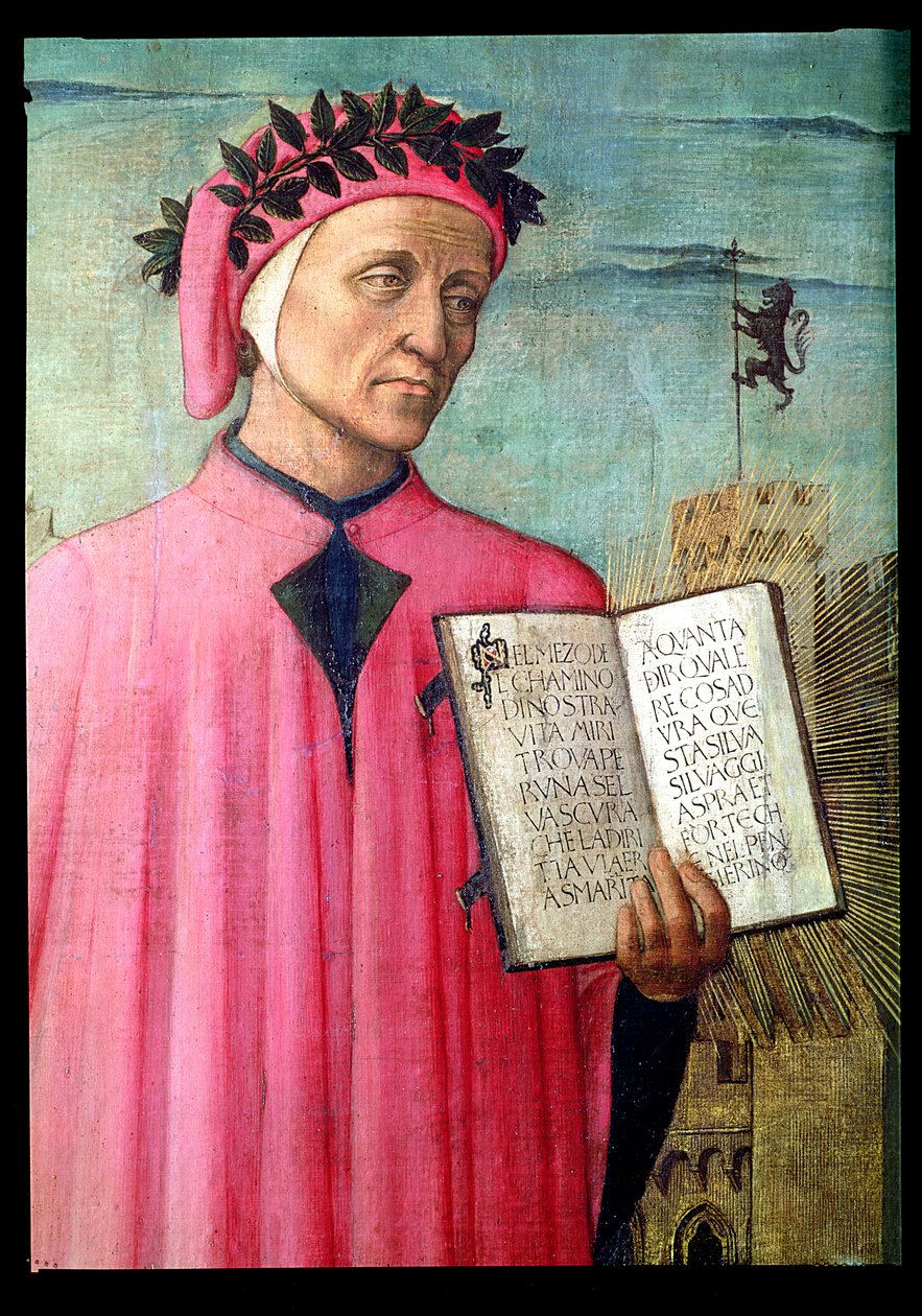 Dante læser fra den guddommelige komedie, detalje af Dante Alighieri 1265-1321, 1465 paneldetalje af 42355 af Domenico di Michelino