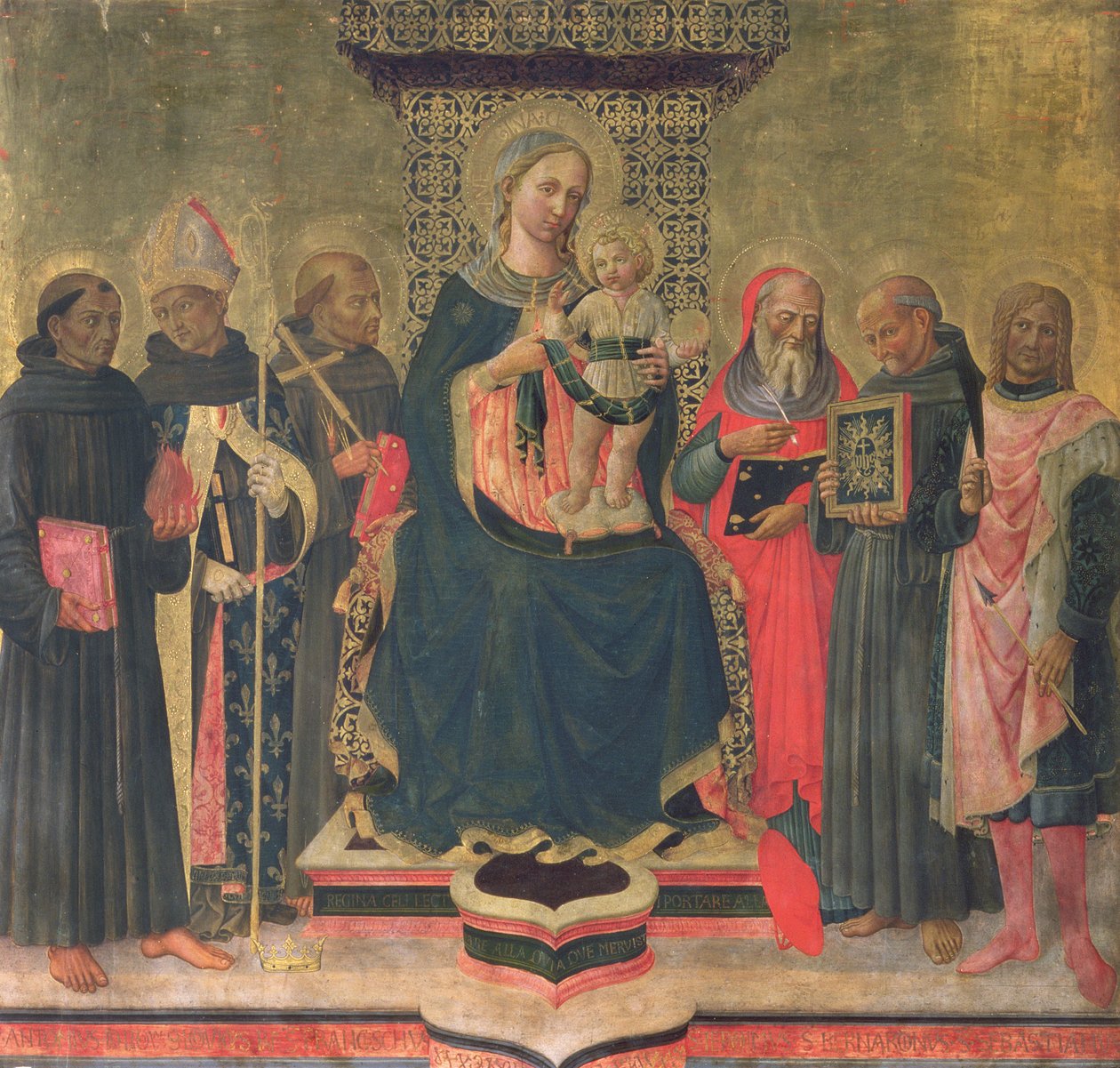 Madonna og barn med hellige (tempera på panel) af Domenico di Michelino