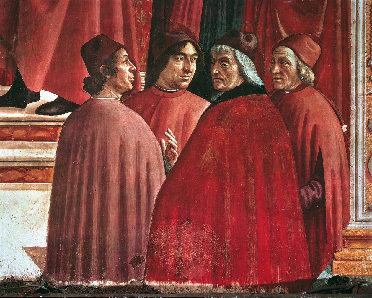 Stories of the Virgin Mary: Annunciation to Zacharias, detalje af Cristoforo Landino, Angelo Poliziano og Marsilio Ficino, ca. 1485-90 (frisk) af Domenico Ghirlandaio