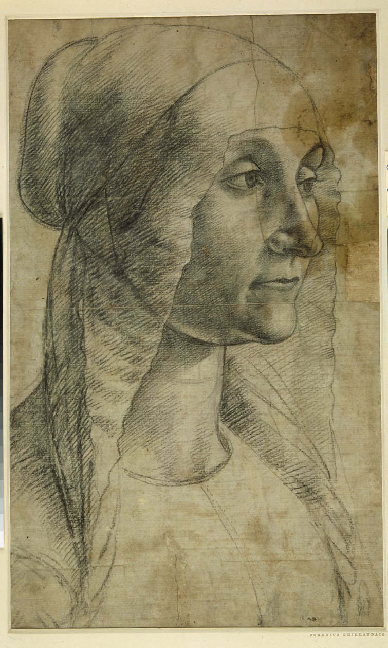 Hovedet af en kvinde iført en coif (sort kridt på hvidt papir af Domenico Ghirlandaio
