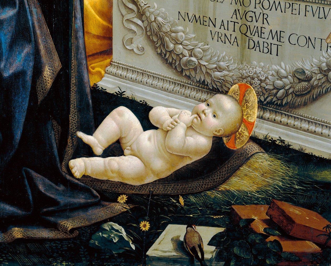 Barnet Kristus; detalje af maleriet, der forestiller hyrdernes tilbedelse af Domenico Ghirlandaio