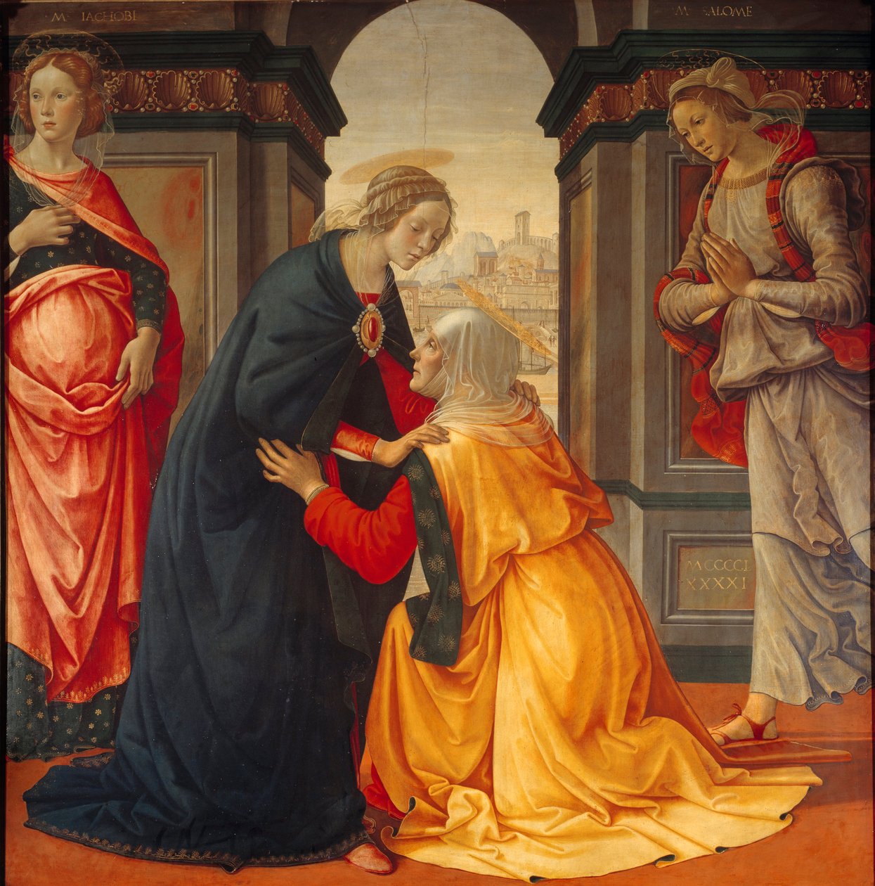 Besøg: Jomfru Maria besøger Elisabeth, mellem Marie Jacobie og Marie Salome, vidner til korsfæstelsen og opstandelsen, Maleri af Domenico Ghirlandaio (1449-1494) 1491 af Domenico Ghirlandaio