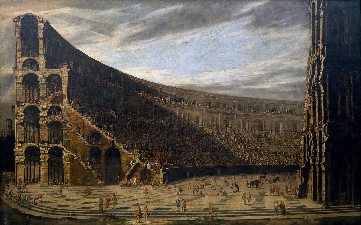 ""Perspektiv af et romersk amfiteater" (Perspektiv af et romersk amfiteater) Kampe i arenaen Maleri af Domenico Gargiulo (1609-1675) ca. 1638 Dim 220,5x353 cm Museo del Prado, Madrid af Domenico Gargiulo