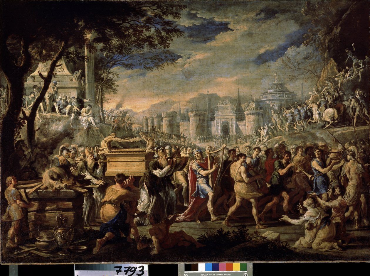 ""David bærer Pagtens Ark til Jerusalem"" (Kong David bærer Pagtens Ark ind i Jerusalem) Bæringen af ​​Pagtens Hellige Ark til Jerusalem, akkompagneret af kong David, der spiller psalter. Maleri af Domenico Gargiulo (1609-1675) af Domenico Gargiulo