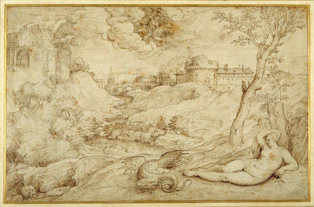 Landskab med Roger og Angelica, fra "Orlando furioso", X, efter Tizian (pen og brun blæk på papir) af Domenico (attr. to) Campagnola