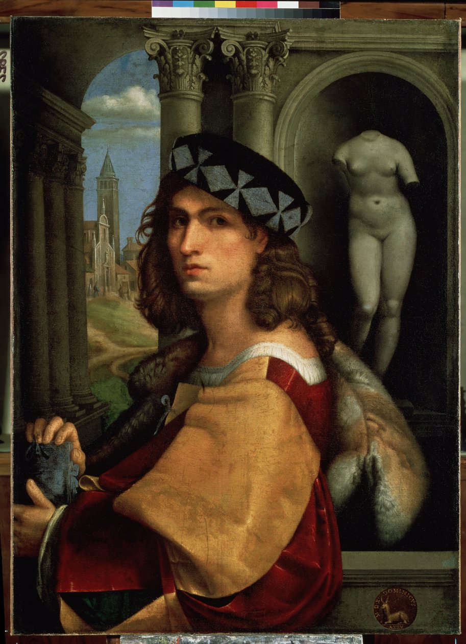 "" Portræt af ung mand eller selvportræt "(portræt af et mand eller selvportræt) maleri af Domenico di Bernardo Capriolo (Caprioli) (1494-1528) 1512 Dim. 117x85 cm muse de l