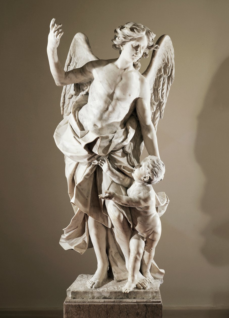 Skytsengel, ca 1724, af Domenico Antonio Vaccaro (1678-1745), marmorstatue, højde 190 cm, anti-Sacristy of Basilica of San Paolo Maggiore, Napoli, Campania, Italien af Domenico Antonio Vaccaro
