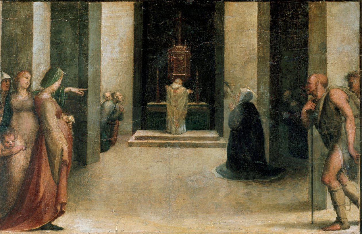 Altertavle af St. Catherines stigma. Detalje af Predelle: Sankt Catherine af Siena modtager en engels eukaristien. Maleri af Domenico Beccafumi (1486-1551) af Domenico Beccafumi