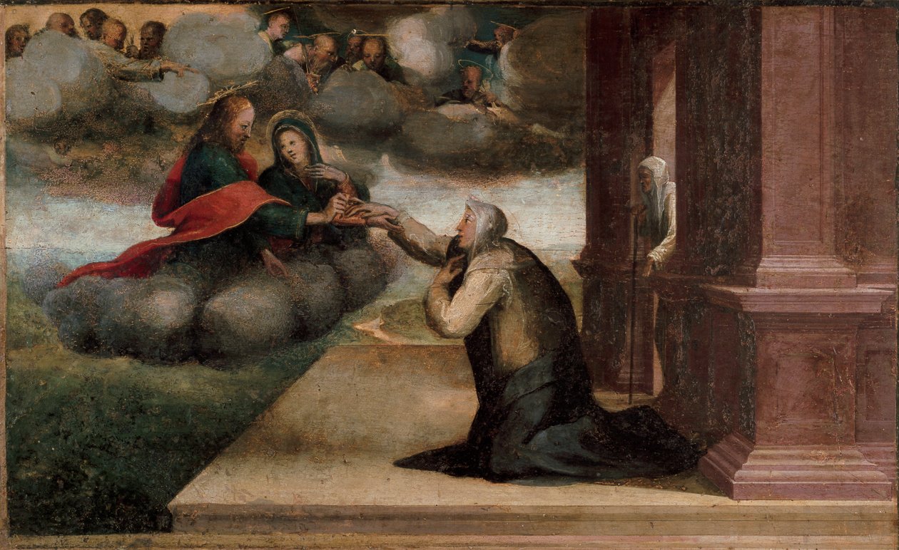 Altertavle af St. Catherines stigma. Detalje af Predelle: Det mystiske bryllup af St. Catherine af Siena. Maleri af Domenico Beccafumi (1486-1551) af Domenico Beccafumi