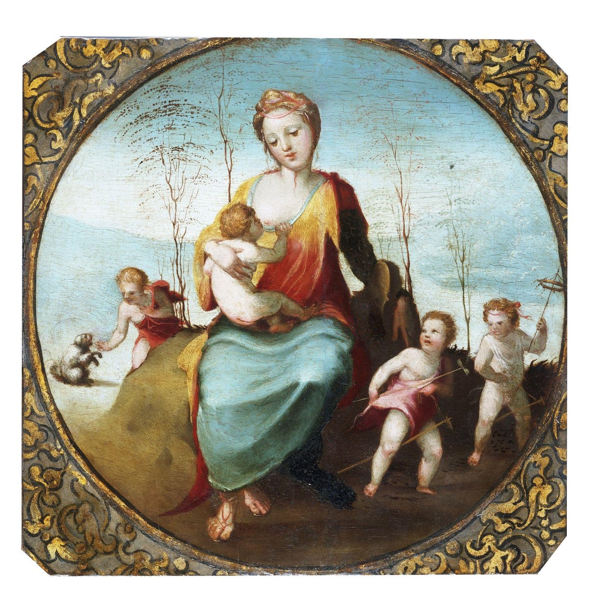 Beccafumi - Barmhjertighed, der ammer et barn og er omgivet af tre børn, der leger med en hund og kæpheste, ca. 1525 af Domenico Beccafumi